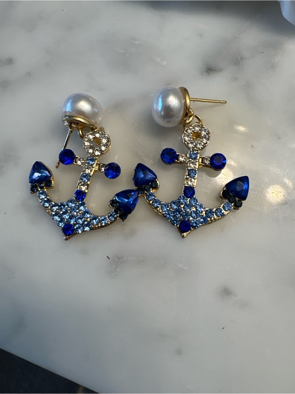 Nautical Anchor Earrings Blue Crystal Pearl Statement